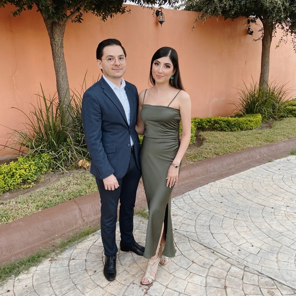 Green Satin Leg Slit Lingerie Style Dress - Picture 2 of 2